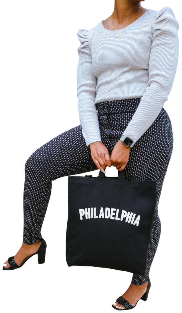 Woman holding Philadelphia Black Tote Bag with Chenille Embroidery