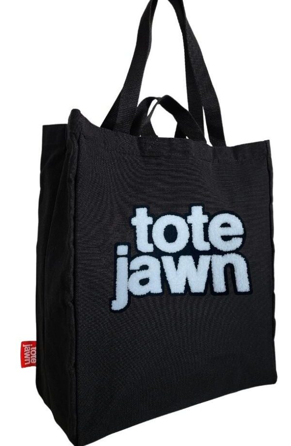 black tote jawn bag tote bag upright with chenille embroidery