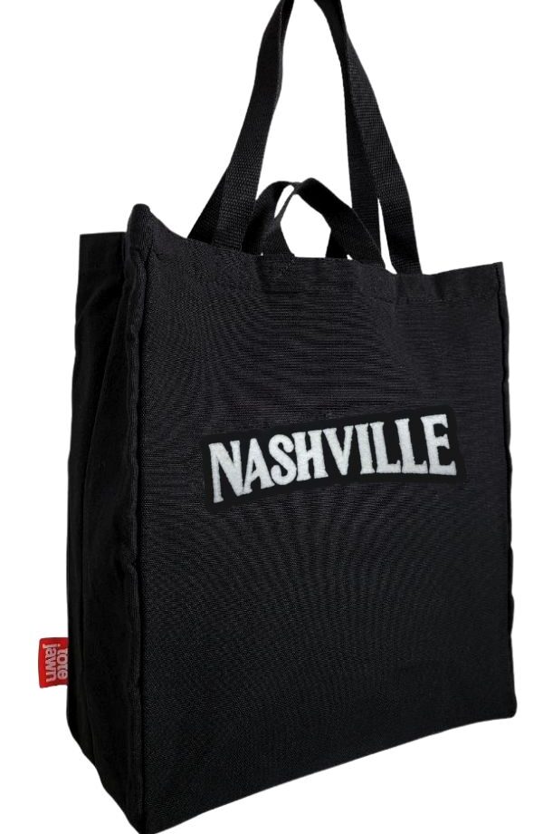 Nashville Black Tote Bag with double handles and chenille embroidery