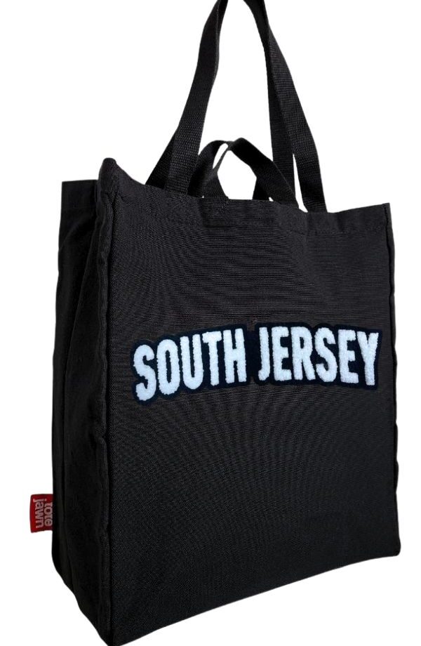 South Jersey tote bag with chenille embroidery in black and white