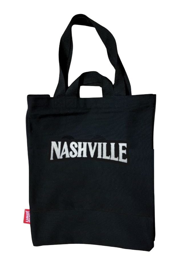 Flat bottom Nashville Black Tote Bag with double handles and chenille embroidery