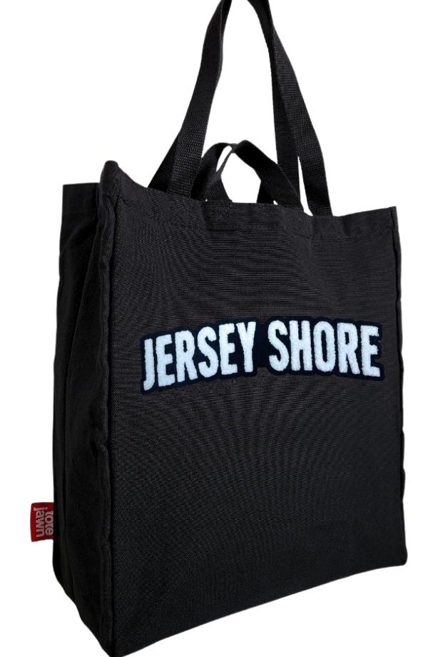 Jersey Shore tote bag in black with double handles and chenille embroidery