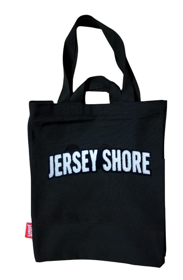 Jersey Shore in chenille embroidery black tote bag