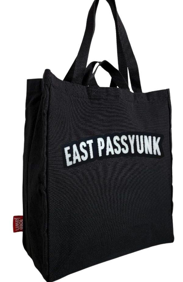 East Passyunk black tote bag with double handles and chenille embroidery