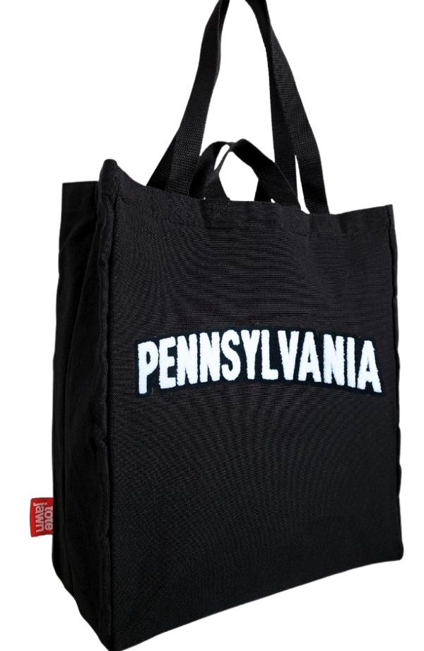 Black tote bag with soft touch chenille embroidery word "Pennsylvania"