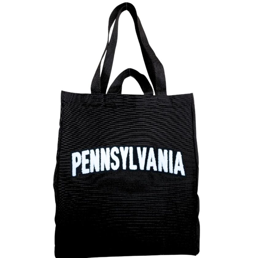 Black tote bag with Pennsylvania in soft, chenille embroidery