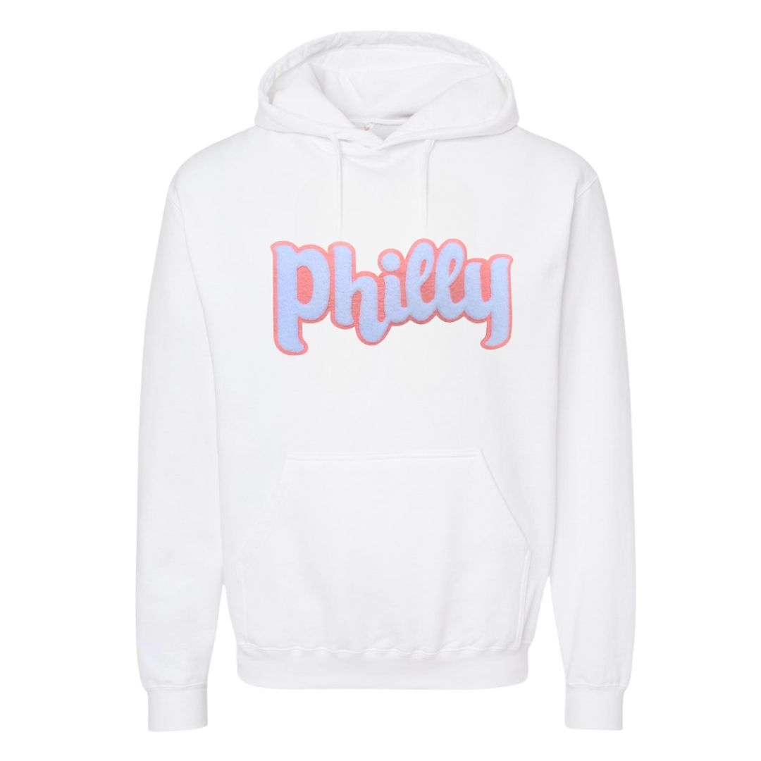 Philly Phancy White Pullover Hoodie – Soft Chenille Patch
